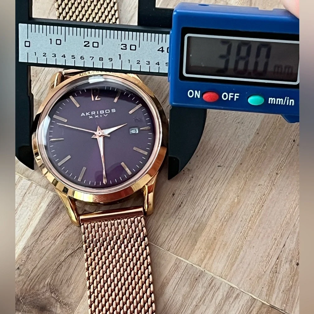 AKRIBOS XXIV Ladies Watch Rose Gold Mesh Bracelet Purple Dial Date Window